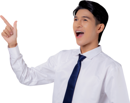 Portrait young asian business man pointing and presenting, advertising and marketing, executive and manager, businessman confident showing something with expression.
