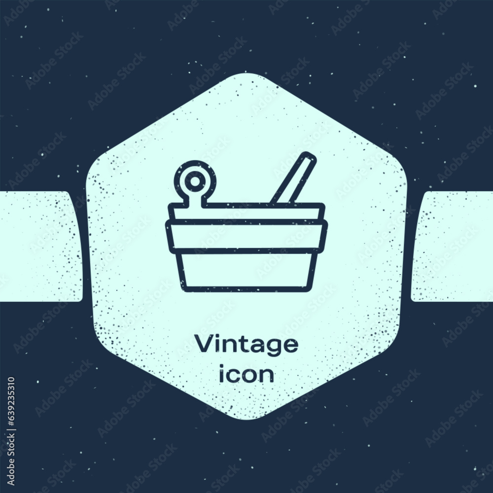 Poster Grunge line Sauna bucket and ladle icon isolated on blue background. Monochrome vintage drawing. Vector