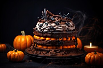 Spooky chocolate Halloween tiered cake decorated pumpkins on dark background. Generative AI.