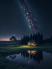 A tranquil countryside landscape illuminated by a starlit sky, where cozy cottages nestle among fields, inviting reflection and renewal. AI Generated