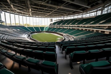 Circular stadium with green-gray seating and VIP boxes. Generative AI