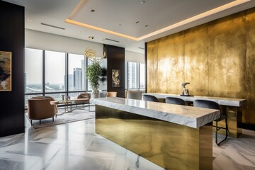 Fototapeta na wymiar Modern lobby, city view, golden desk, seating, decor. Generative AI