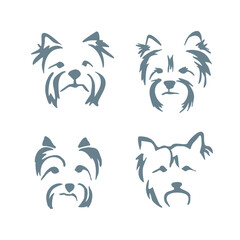 Set of different expressions of a Yorkshire terrier muzzle. Vector drawing of the head of a small dog. Gestalt animal design