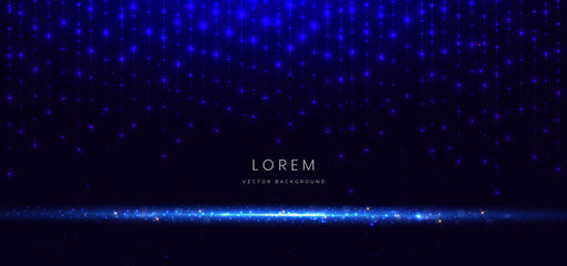 Abstract technology futuristic glowing dot lines neon blue light ray on dark blue background with lighting effect.