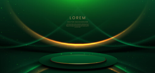 Elegant green stage background with green dot neon line and lighting effect sparkle. Empty podium show case. Luxury template award design.
