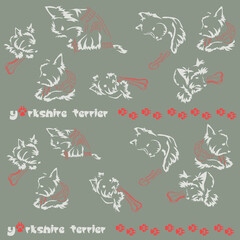 Textile pattern with cute little dogs. Decorative Yorkshire terrier in funny lying poses