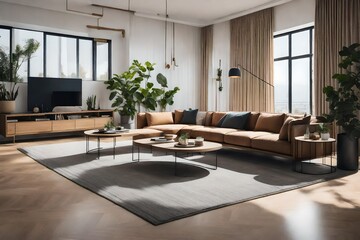 a living room with sleek, minimalist furniture in earthy tones