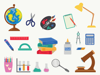 School supplies set. Necessary accessories for the pupil, the schoolboy, the student.