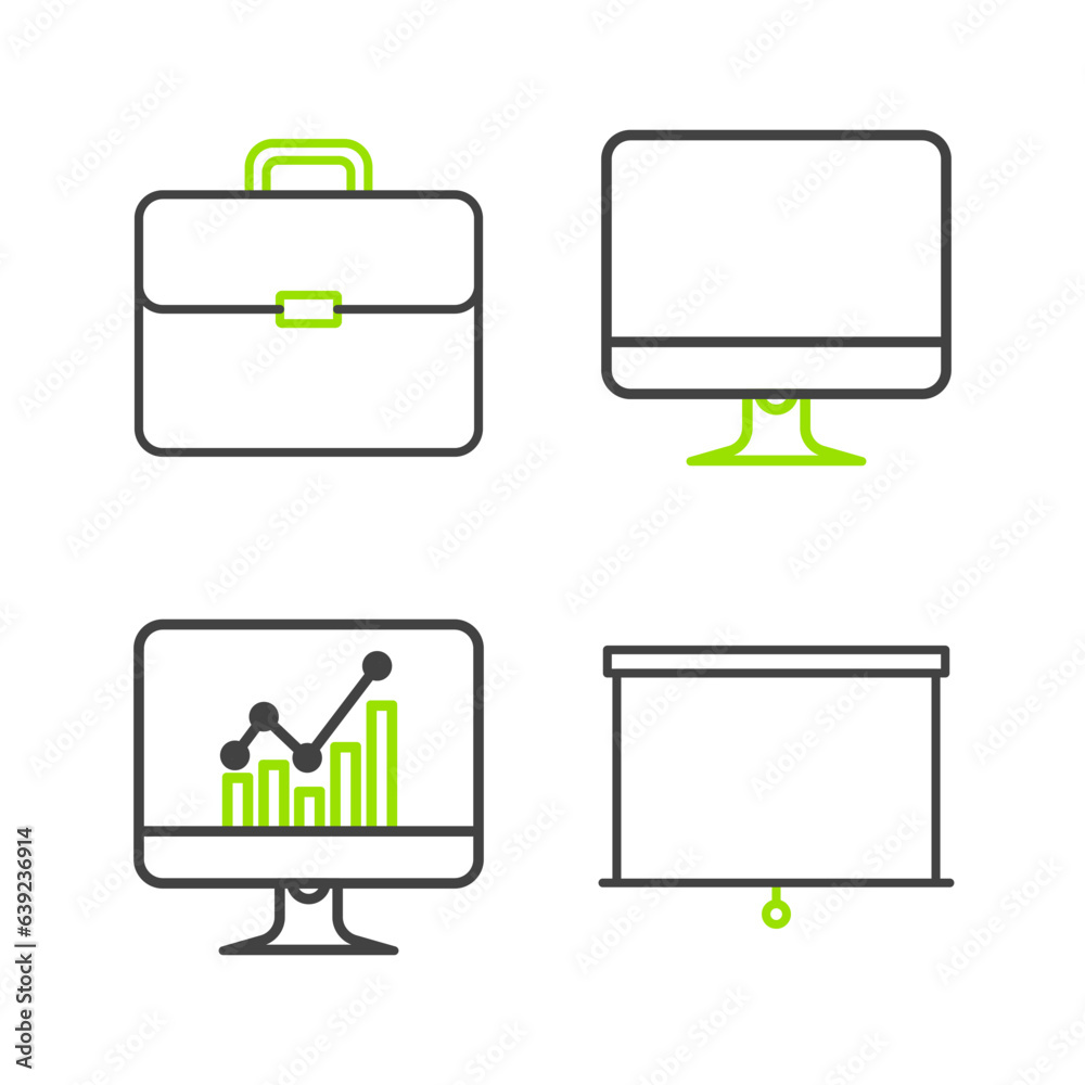Poster set line chalkboard, computer monitor with graph chart, screen and briefcase icon. vector