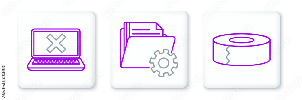 Poster set line scotch, laptop and cross mark on screen and folder settings with gears icon. vector