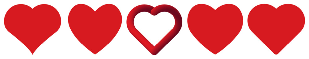 Red heart icons set isolated on transparent background.