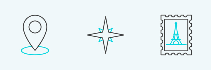 Set line Postal stamp and Eiffel tower, Map pin and Wind rose icon. Vector