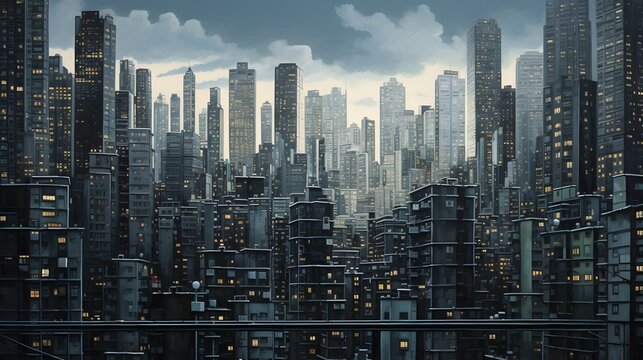 Illustration of a bustling city skyline filled with towering skyscrapers