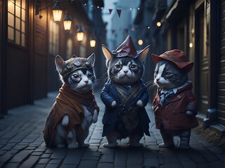 Adorable animals dressed in festive attire, parading through a charming village, adding a touch of whimsy to the New Year's scene.AI Generated
