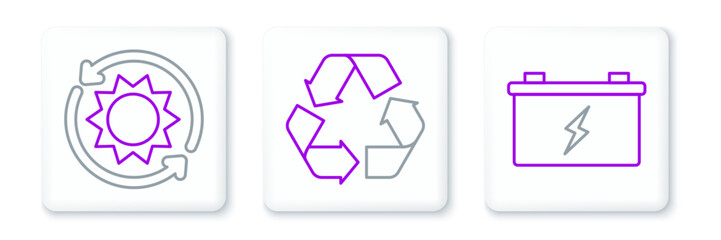 Set line Car battery, Solar energy panel and Recycle symbol icon. Vector
