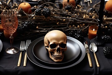 Halloween scary table setting with golden skull, pumpkins, spider. Close up. Generative AI.