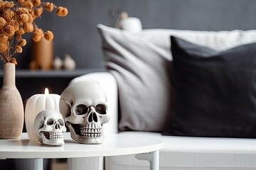 Halloween decorations in living room with couch, skull, pumpkin, candles. Creative modern white, black and orange design interior. Close up. Generative AI.