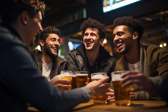 group of people cheering and drinking beer at bar pub table -Happy young friends enjoying