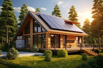 Fototapeta na wymiar 3D illustration of environmentally friendly wooden cottage in woods, featuring solar panels. Ideal answer for eco-friendly, sustainable energy. Generative AI