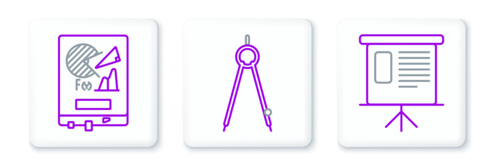 Set line Presentation financial board with graph, schedule, chart, diagram, infographic, pie graph, Board and Drawing compass icon. Vector