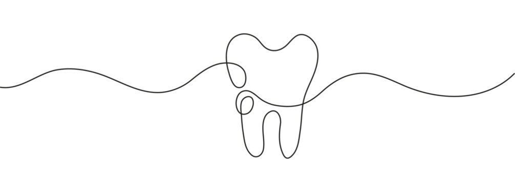 Tooth icon vector in continuous line drawing style. Caries, tartar or tooth cyst treatment icon vector. Dental crown and filling, whitening of teeth.