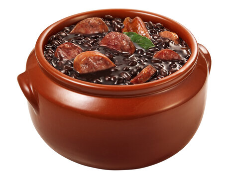 cumbuca de barro com receita de feijoada brasileira de carne su&iacute;na isolado em fundo transparente - feij&atilde;o preto carne de porco