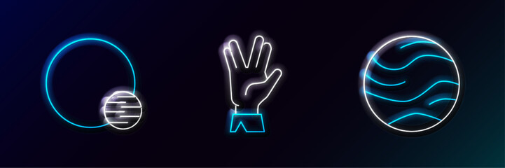 Set line Planet, and Vulcan salute icon. Glowing neon. Vector