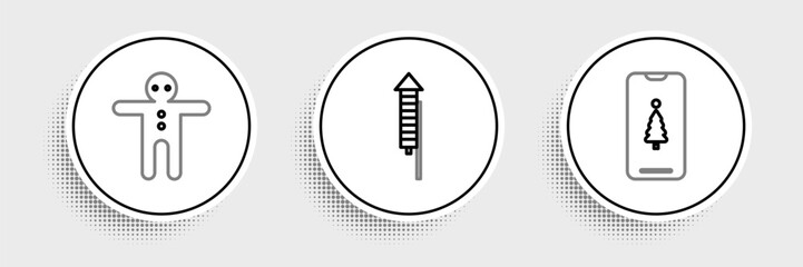 Set line Smartphone with gift box, Holiday gingerbread man cookie and Firework rocket icon. Vector