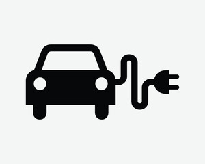 Electric Vehicle Icon EV Car Green Automobile Eco Electricity Charging Charge Power Battery Charger Cable Black White Outline Shape Vector Sign Symbol