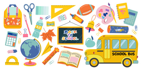 Back to school. Set of study school supplies: backpack, pencils, brushes, paints, ruler, sharpener,  calculator, books,  globe. Flat illustration.