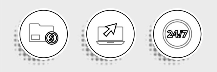 Set line Clock 24 hours, Envelope with coin dollar and Laptop and cursor icon. Vector