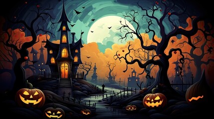 halloween, many pumpkins with blur halloween background