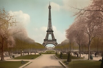 Vintage postcard featuring Eiffel Tower in Paris circa 1900. Generative AI