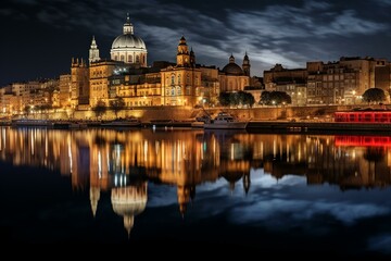 Fototapeta na wymiar Night view of Valletta's old town and harbor with beautiful reflections in the water. Generative AI