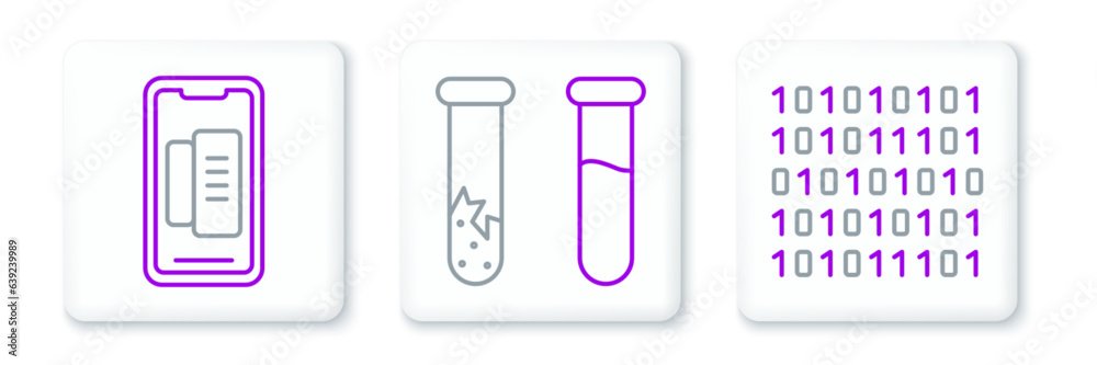 Poster set line binary code, smartphone, mobile phone and test tube and flask icon. vector