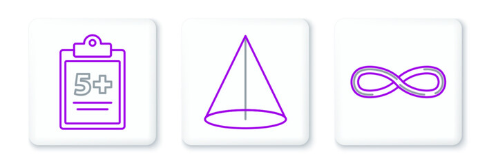 Set line Infinity, Test or exam sheet and Geometric figure Cone icon. Vector