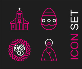 Set line Jesus Christ, Easter egg in a wicker nest, and Church building icon. Vector