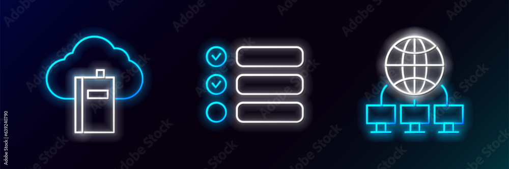 Poster set line computer network, cloud online library and task list icon. glowing neon. vector