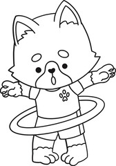 Cute corgi dog playing hulahoop, kids coloring page