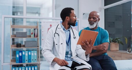 Senior man, physiotherapy and doctor on tablet for support, exercise advice and physical therapy exam. Physiotherapist, chiropractor and african people of elderly patient on digital tech for progress