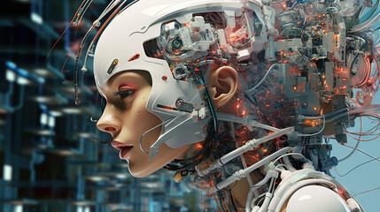 Fototapeta premium Young female humanoid head is connected to a super computer, symbolizing artificial intelligence. Futuristic illustration of the relationship between humans and neural networks. Copy space
