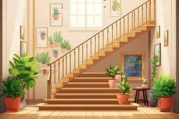 Entrance hall with stairs, picture, stand, bench, and plants. Front view. Generative AI