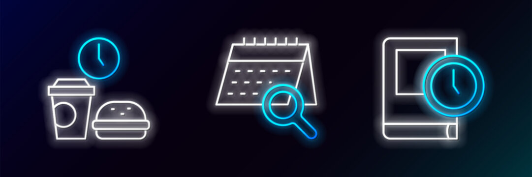 Set line Time for book, Fast food time and Calendar search icon. Glowing neon. Vector