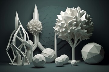 3D tree and geometric shapes. Rendered. Generative AI