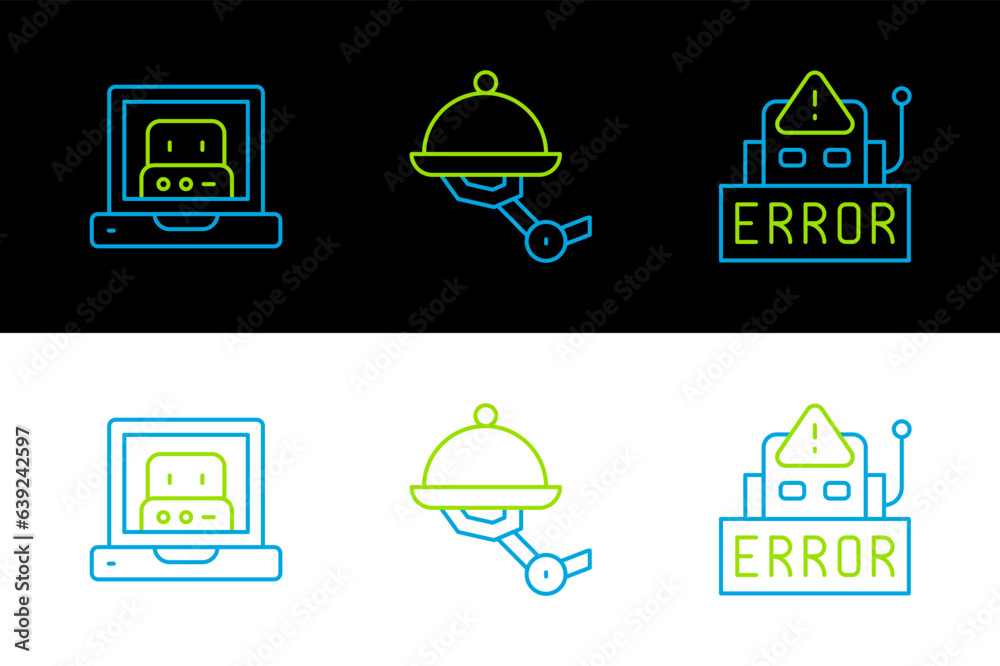 Poster set line error in robot, creating and waiter icon. vector