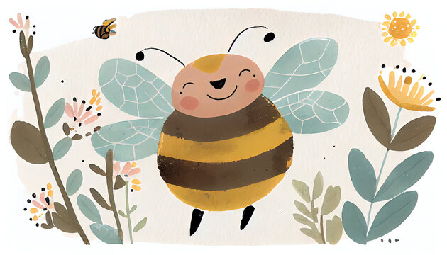 Happy bee watercolor background. AI generated