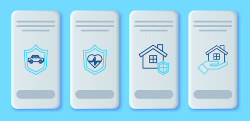 Set line Life insurance with shield, House, Car and hand icon. Vector