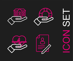 Set line Document with shield, Life insurance in hand, Lifebuoy and House icon. Vector