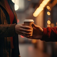 Fototapeta na wymiar Two people handing each other a cup of coffee at night. Generative AI