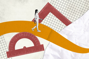 Collage graphics picture of carefree smiling little schoolkid walking learning geometry isolated...